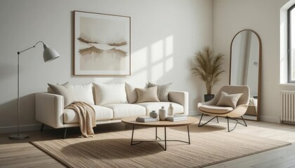 Modern living room with neutral tones, textured accents, and sculptural decor. A serene space designed for relaxation.