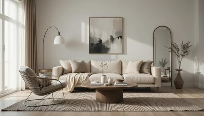 Modern living room with neutral tones, textured accents, and sculptural decor. A serene space designed for relaxation.