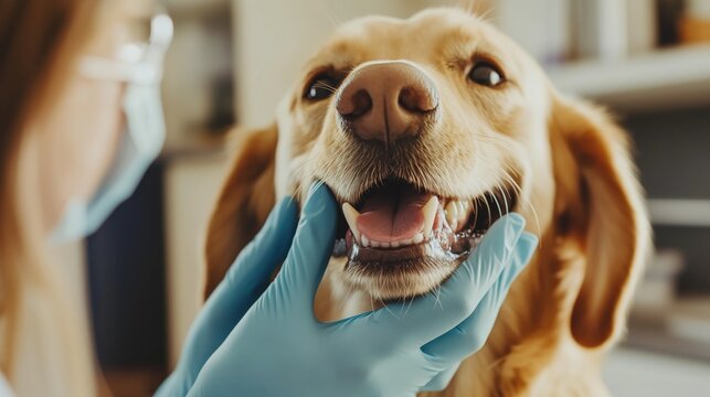 The dog sits patiently as the vet inspects its mouth, showcasing responsible pet ownership and the role of veterinary dentistry in animal wellness.