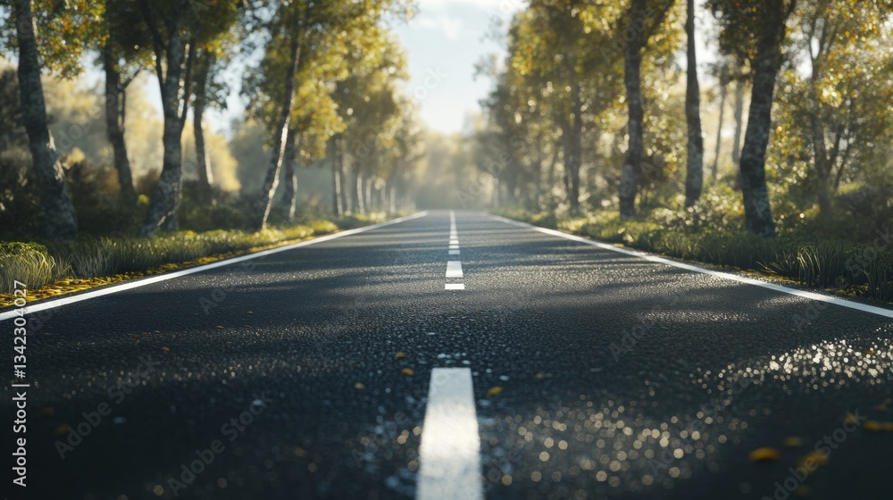 Poster serene tree-lined road in autumn with soft sunlight filtering through leaves and gentle shadows on w