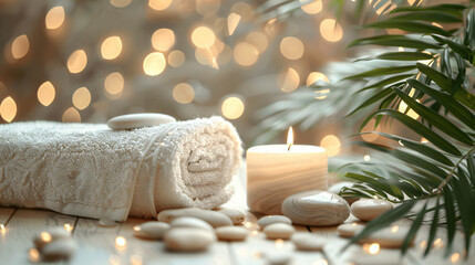 Minimal Spa Elegance &ndash; White Towel, Candles, Eucalyptus