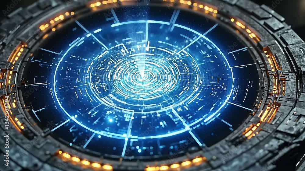 Poster futuristic circular interface with glowing blue patterns, surrounded by a dark tech-inspired backgro