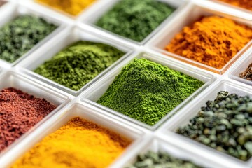 Colorful spice and superfood powders in small containers