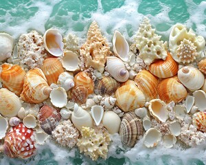 Various colorful seashells and coral resting on the waters edge