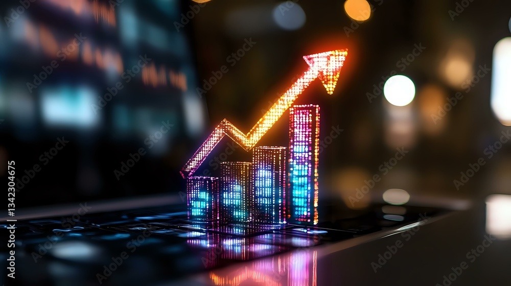 Poster glowing neon financial graph with upward trend arrow on laptop keyboard, showing market growth stati