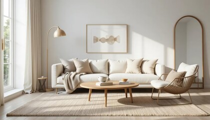 Modern living room with neutral tones, textured accents, and sculptural decor. A serene space designed for relaxation.