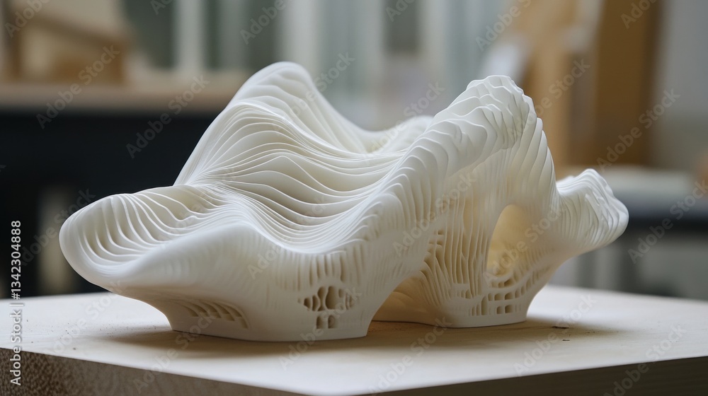 Poster abstract white sculpture with flowing forms and intricate textures in a modern studio setting