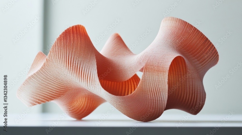 Poster abstract sculpture with wavy form and soft orange color on display against a soft neutral background