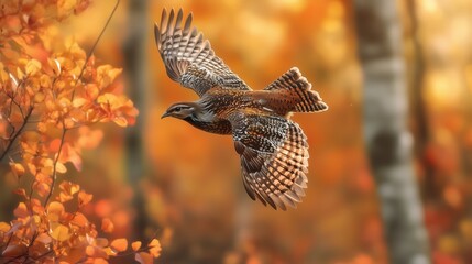 A majestic ruffed grouse takes flight over a golden autumn landscape, its wings spread wide as it soars through crisp fall air.

