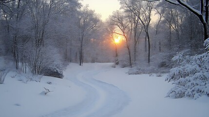 Winter Sunrise Path for Snow Covered Forest.