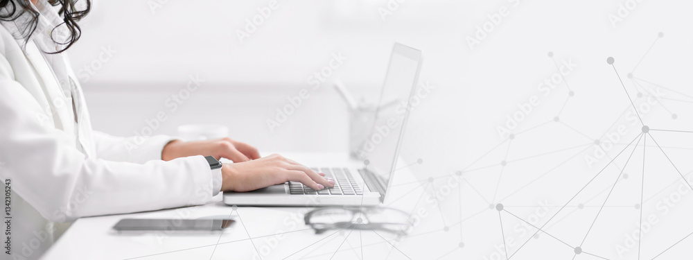 Poster job search. unrecognizable woman using laptop to find work projects online. selective focus, empty s