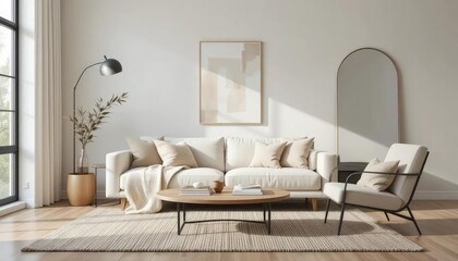 Modern living room with neutral tones, textured accents, and sculptural decor. A serene space designed for relaxation.