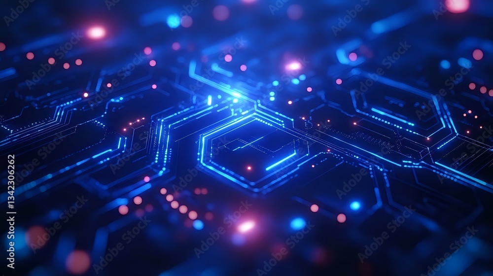 Poster glowing hexagonal circuit pattern with blue neon lights and bokeh effects on dark background creates