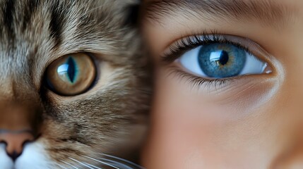 Close up portrait showing half cat face with amber eye and half human face with blue eye merged together, representing connection between humans and pets.