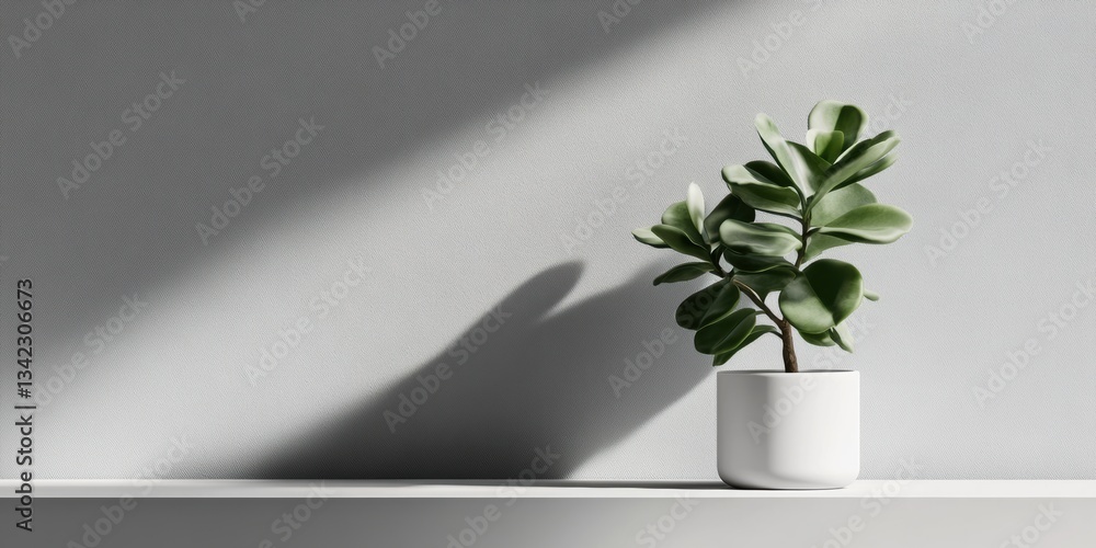 Poster minimalist succulent display on a sleek white shelf against a soft gray backdrop generative ai
