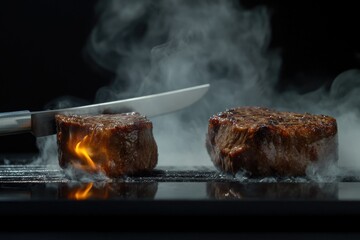 Sizzling steaks grilling, smoke, dark background, food photography