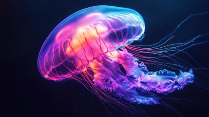 Vibrant luminescence: A jellyfish gracefully illuminates the ocean depths in vivid color