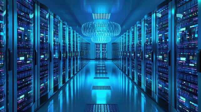 Futuristic data center with rows of glowing servers and holographic backup data streams floating in the air in a high-tech environment.