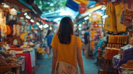 Obraz premium Young Woman Exploring Vibrant Market Filled with Colorful Stalls and Various Goods Under Bright Umbrellas in a Lively Atmosphere