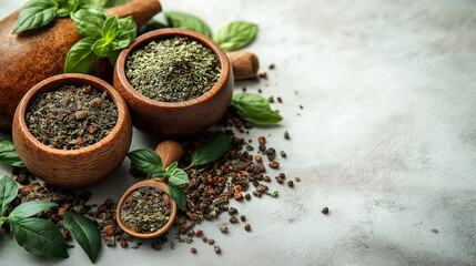 Yerba Mate: Close-up of an assortment of aromatic herbs in wooden bowls and a mortar, representing fresh culinary ingredients.