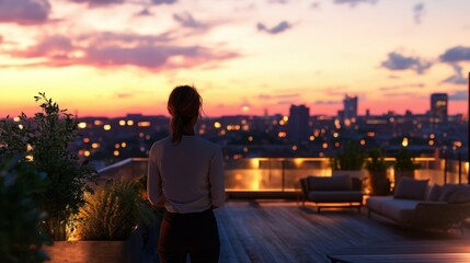 Fototapeta premium Woman Enjoys Stunning Cityscape View at Sunset from Rooftop: Urban Lifestyle, Serenity, Evening Bliss