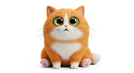Fototapeta premium Cute Orange Cat Sitting Looking Up with Big Green Eyes on White Background