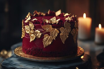 Red Velvet Cake with Gold Leaf Decoration and Candlelight