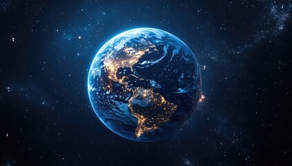 Pixelated Earth at night, glowing city lights, dark space background. Digital art, vibrant blue and orange hues