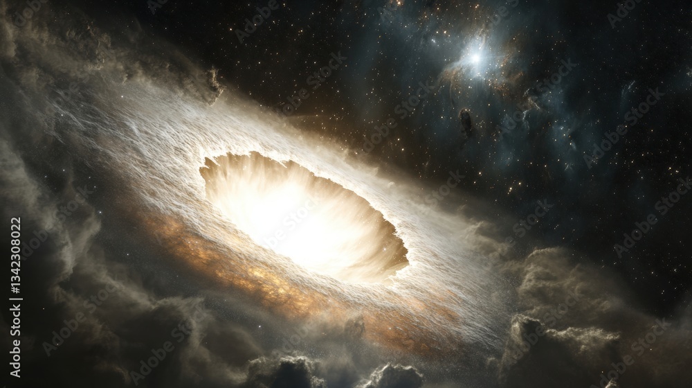 Poster stunning cosmic explosion in deep space with eerie clouds and bright light emitting from a centered 
