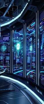 Futuristic server room with holographic displays showing parallel computing and real-time metrics data grain on curved screens.