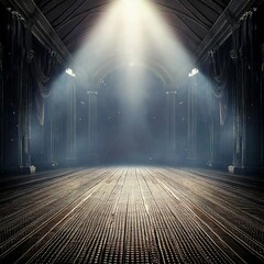 underground stage with somke and spot lights withe lights wooden floor dark background empty stage