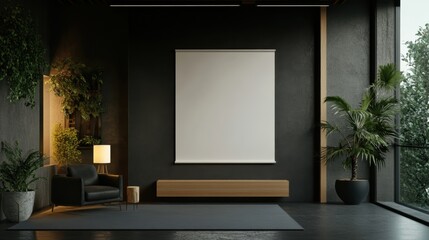 Elegant interior with blank canvas, armchair, and plants creates a serene and inviting space