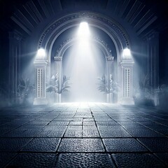underground stage with somke and spot lights withe lights stone floor dark background empty stage