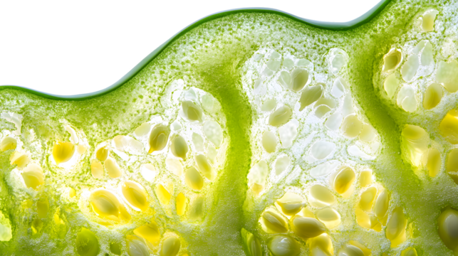 Closeup of a vibrant green vegetable backlit to reveal internal structure and seeds