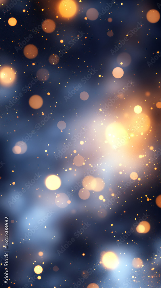 Poster Glowing blue particles swirling against dark backdrop, generating luminous bokeh effect with soft ethereal light