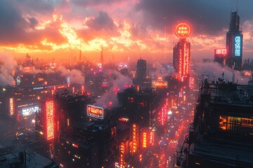 Fototapeta premium Futuristic Cityscape with Neon Signs at Dusk