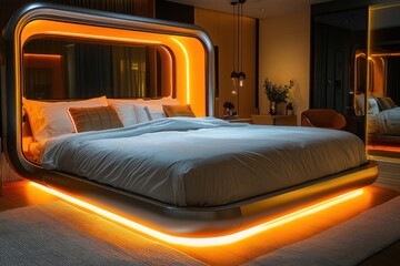 Fototapeta premium Futuristic Bed with Orange LED Ambient Lighting