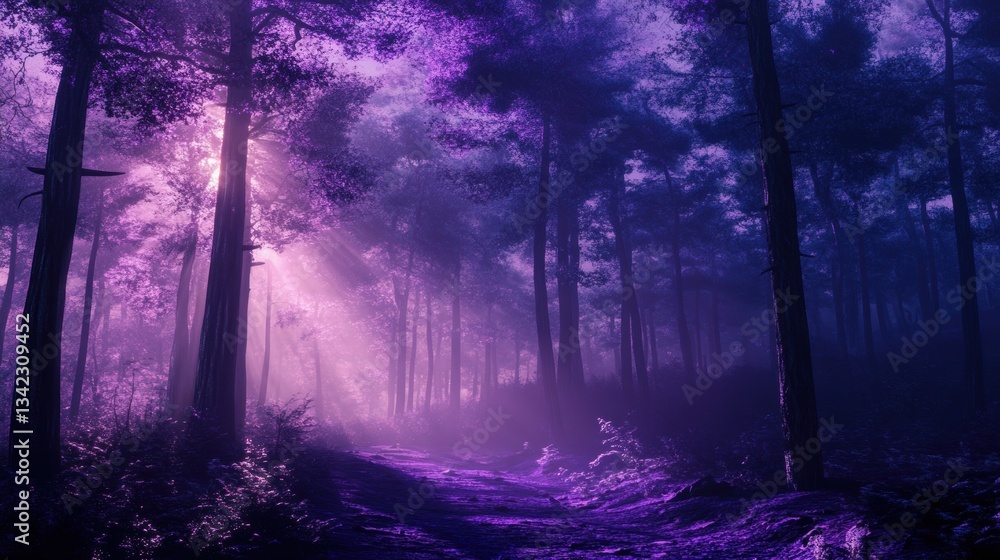 Poster mystical forest with purple hues and soft light filtering through trees in a dreamlike setting