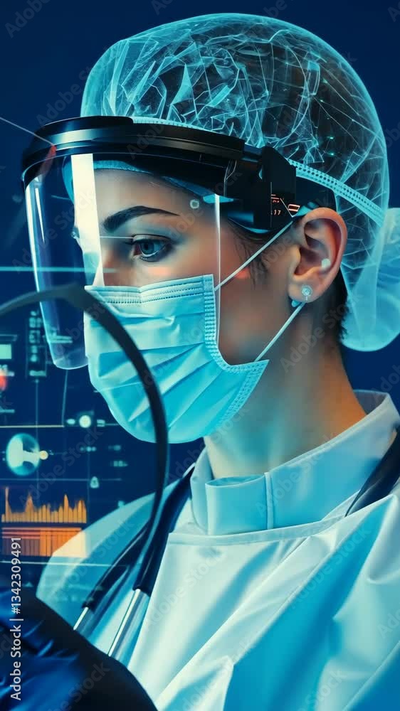 Poster scientist working in a laboratory while analyzing data on a digital screen in the evening