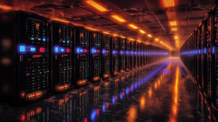 Obraz premium Data center with illuminated servers in a high-tech environment.