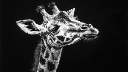Obraz premium Black and white giraffe portrait on dark background. Possible use Fine art print or wallpaper
