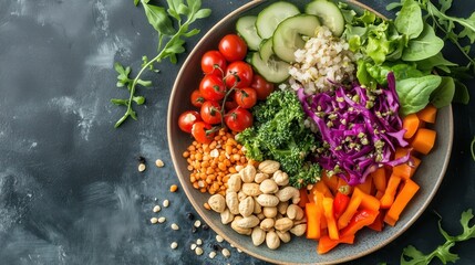 A vibrant plate filled with fresh vegetables and assorted nuts showcases a balanced diet, symbolizing nutritious and mindful eating.
