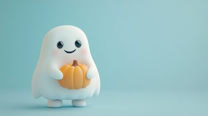 A cute white ghost holds a pumpkin against a light blue background