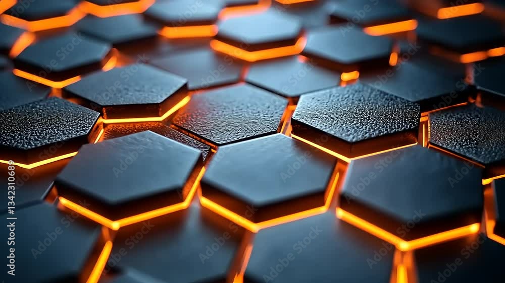 Poster close-up view of hexagonal tiles with glowing orange edges, creating a futuristic and vibrant surfac