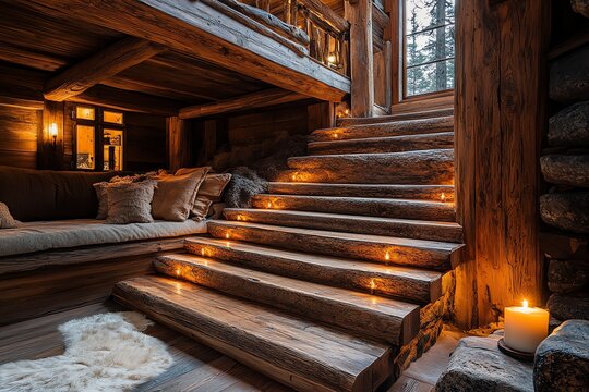 Rustic Log Cabin Interior with Candlelit Wooden Staircase and Cozy Nook