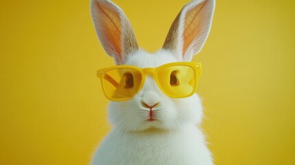 Fototapeta premium A white rabbit wearing yellow sunglasses against a yellow background