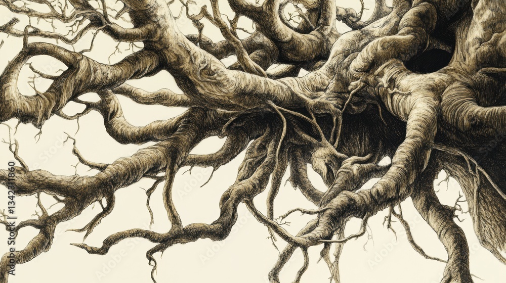 Aufkleber Detailed Artwork of Gnarled and Twisted Tree Roots with Intricate Patterns and Textures in Artistic Style for Nature and Botanical Themes
