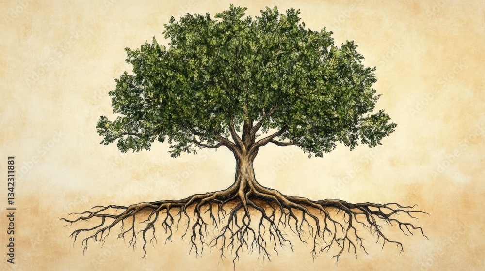 Poster lush green tree with intricate root system against textured background for art and nature themes