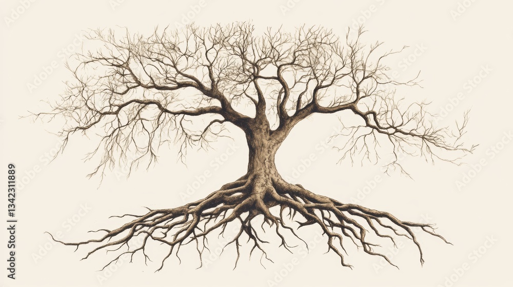 Poster intricate illustration of a leafless tree with detailed roots against a simple background for art an