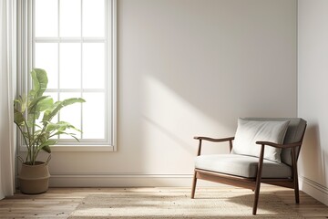 Sunlit armchair, plant, corner, minimalist room, interior design mockup